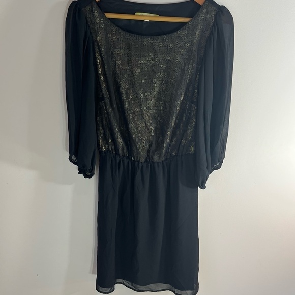 Gianni Bini Party Cocktail Black Mini Dress w Sheer Sleeves Sequined Front Sz S - Picture 1 of 11